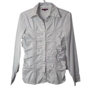 San Francisco white ruched collared button down long sleeve blouse size S